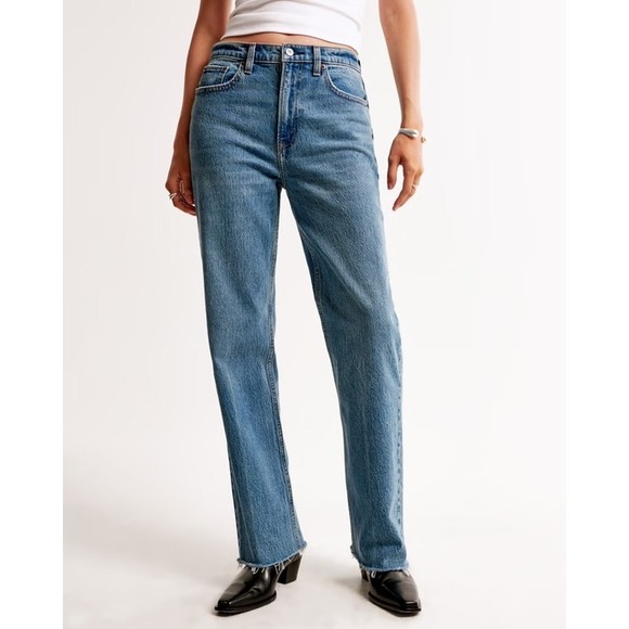 Abercrombie & Fitch The Vintage Straight High Rise Medium Wash Jeans 25 Raw Hem - Picture 4 of 13